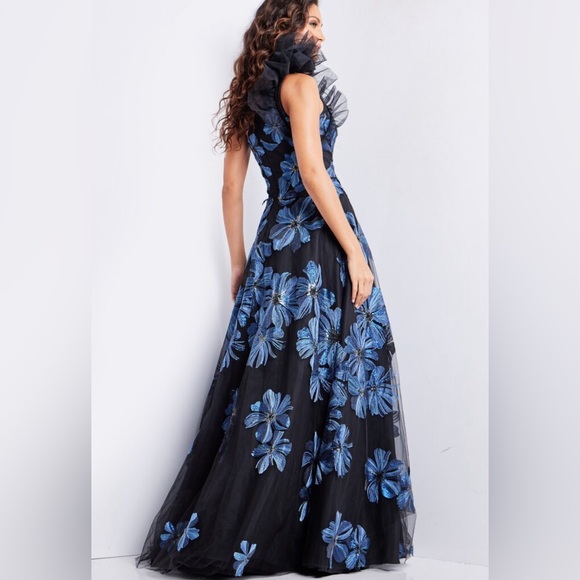 Jovani One Shoulder Black Blue Embroidered Gown - Picture 3 of 9